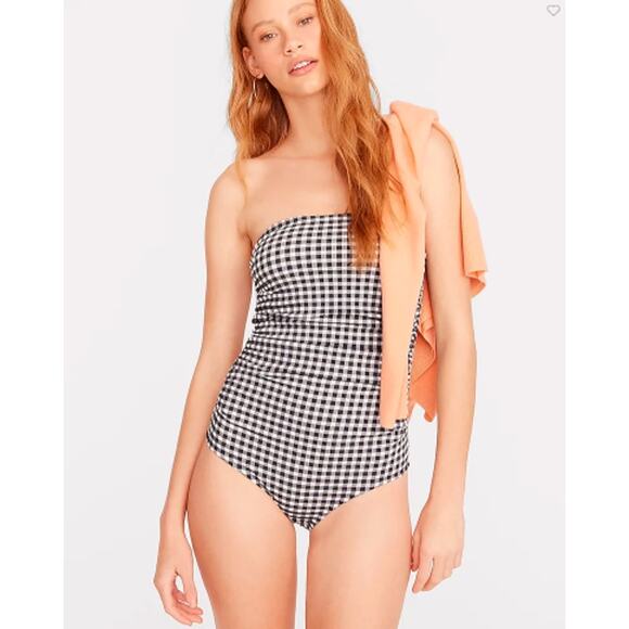 NWT J. Crew Ruched Bandeau One-Piece in Navy Gingham Size 14